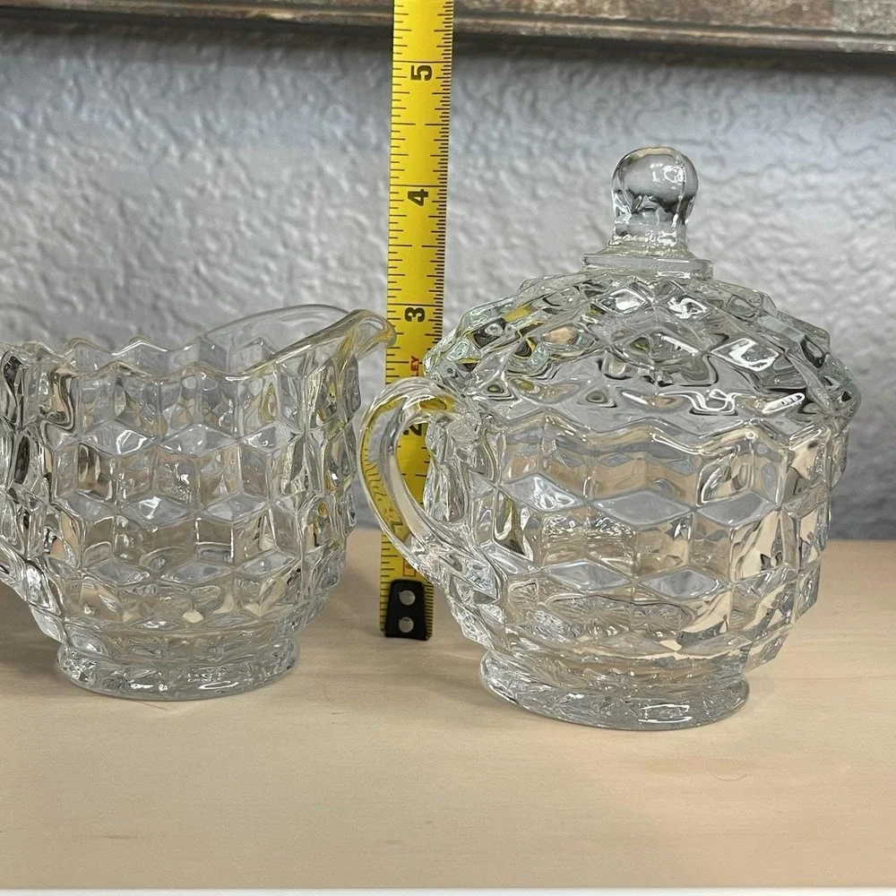 Vintage Fostoria American Cubist Pattern Clear Glass Creamer &‎ Sugar Set W/Lid